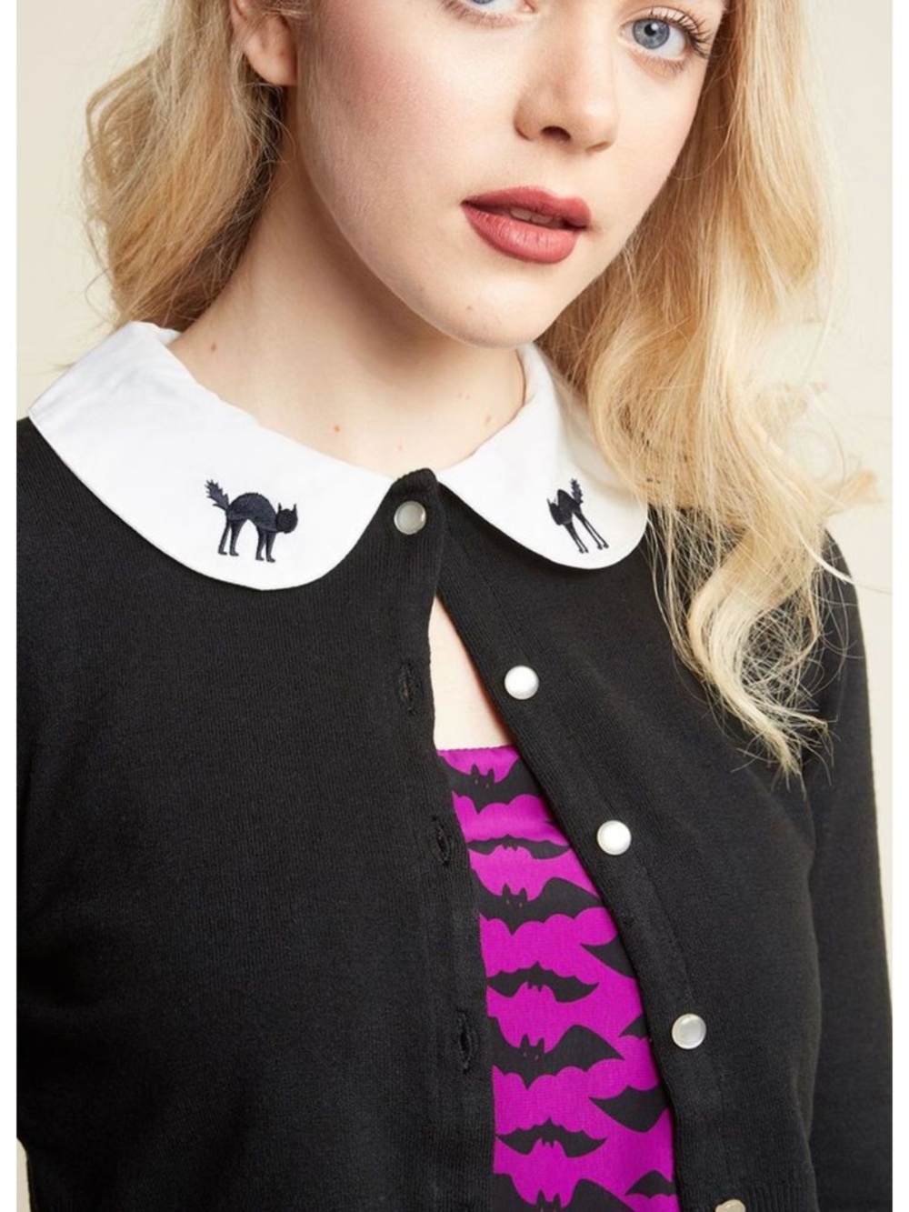 Modcloth Black Cardigan with White Peter Pan Collar and Embroidered Cats XL